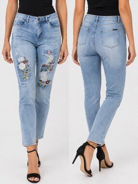Joseph Ribkoff Size 6 Embroidered Distressed Jeans Pearl Rhinestone Light Wash